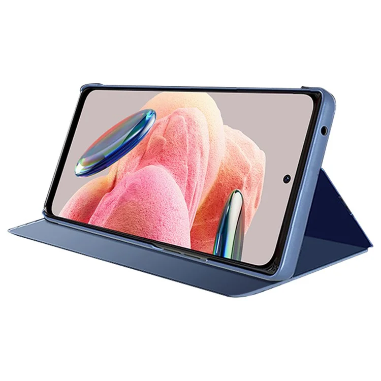 Leather Case for Xiaomi Redmi Note 12 4G Stand Shell View Window Mirror Electroplating Phone Cover - Blue