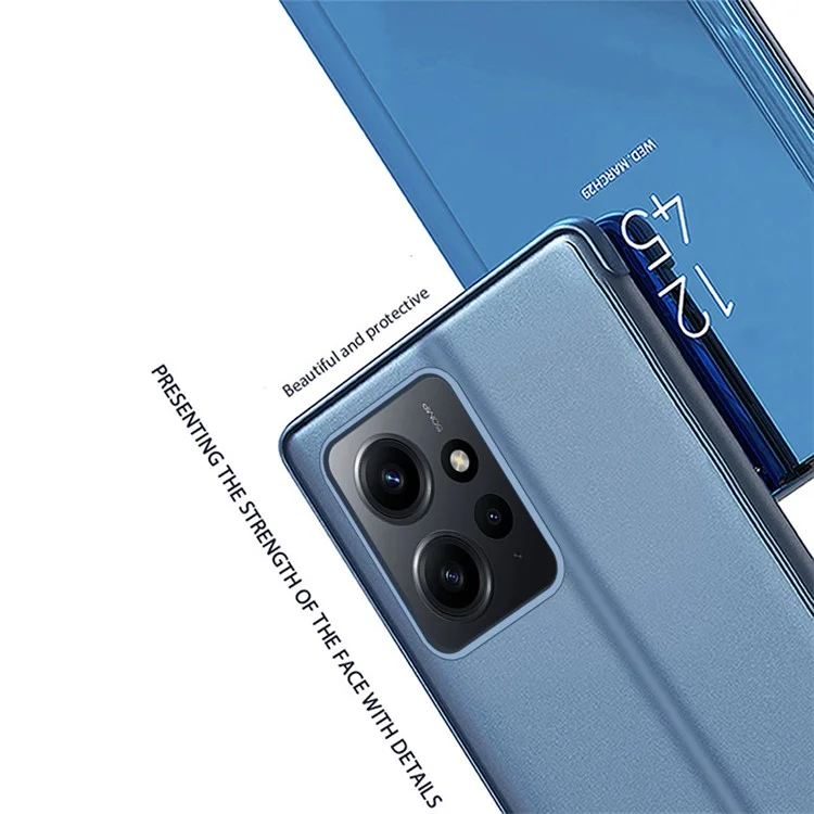 Leather Case for Xiaomi Redmi Note 12 4G Stand Shell View Window Mirror Electroplating Phone Cover - Blue