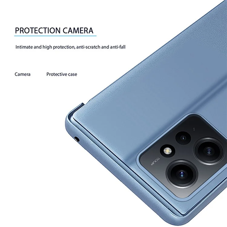 Leather Case for Xiaomi Redmi Note 12 4G Stand Shell View Window Mirror Electroplating Phone Cover - Blue