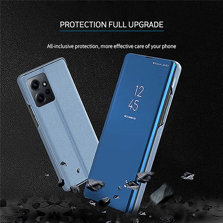 Leather Case for Xiaomi Redmi Note 12 4G Stand Shell View Window Mirror Electroplating Phone Cover - Blue