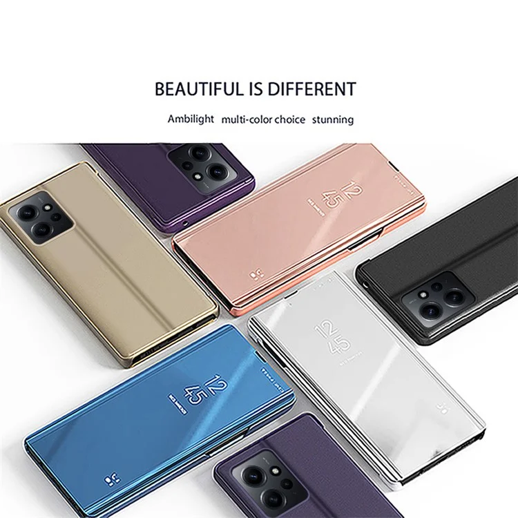 Leather Case for Xiaomi Redmi Note 12 4G Stand Shell View Window Mirror Electroplating Phone Cover - Blue