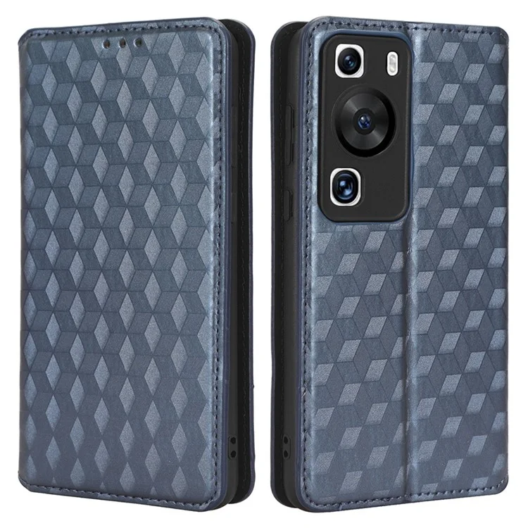 Para Huawei P60 / P60 Pro Rhombus Imprint PU Leather Phone Case Flip Stand Wallet Cover - Azul