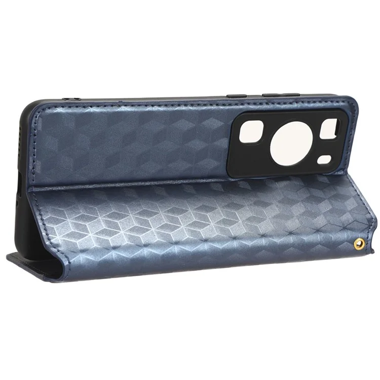 Para Huawei P60 / P60 Pro Rhombus Imprint PU Leather Phone Case Flip Stand Wallet Cover - Azul
