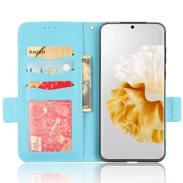 Para Huawei P60 / P60 Pro Litchi Texture PU Leather Wallet Protective Case Stand Phone Cover with Strap - Baby Blue