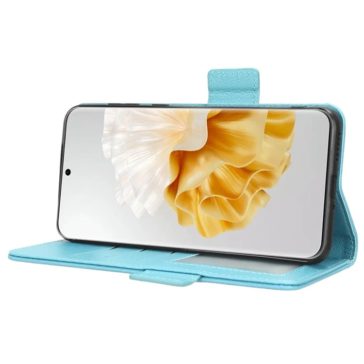 Para Huawei P60 / P60 Pro Litchi Texture PU Leather Wallet Protective Case Stand Phone Cover with Strap - Baby Blue