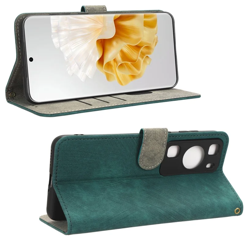 For Huawei P60 / P60 Pro Anti-collision Stand Cover RFID Blocking Wallet Leather Case with Strap - Green