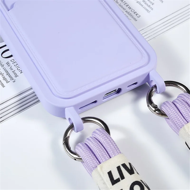 Protective Case for iPhone 14 Pro Anti-Drop Liquid Silicone Phone Cover with Card Slot, Strap - Purple