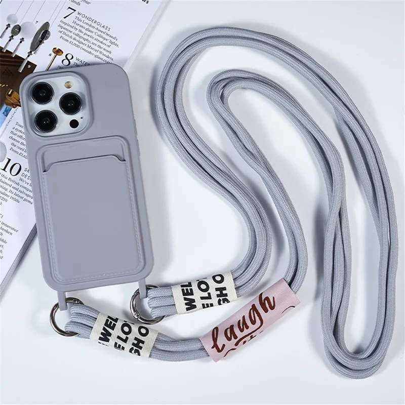 Protective Case for iPhone 14 Pro Max Liquid Silicone Slim Case Card Slot Phone Cover with Strap - Grey