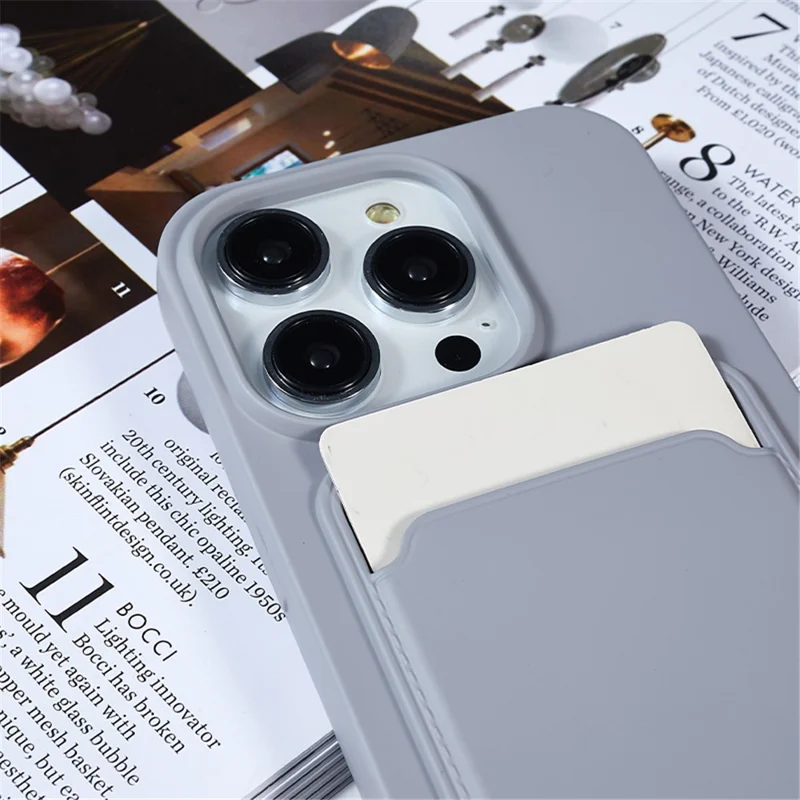 Protective Case for iPhone 14 Pro Max Liquid Silicone Slim Case Card Slot Phone Cover with Strap - Grey