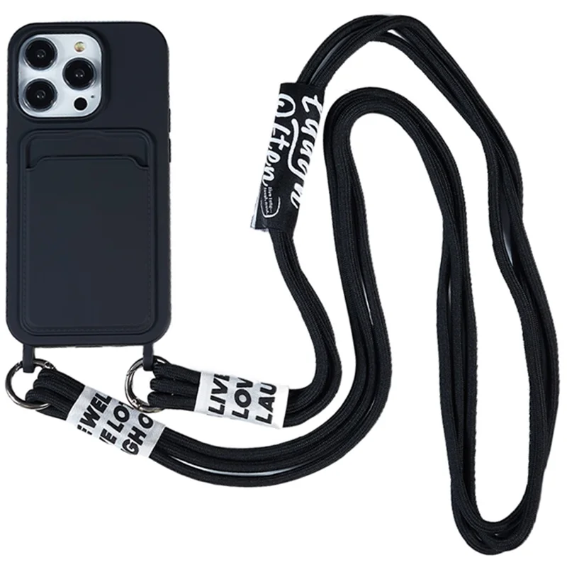 Protective Case for iPhone 14 Pro Max Liquid Silicone Slim Case Card Slot Phone Cover with Strap - Black