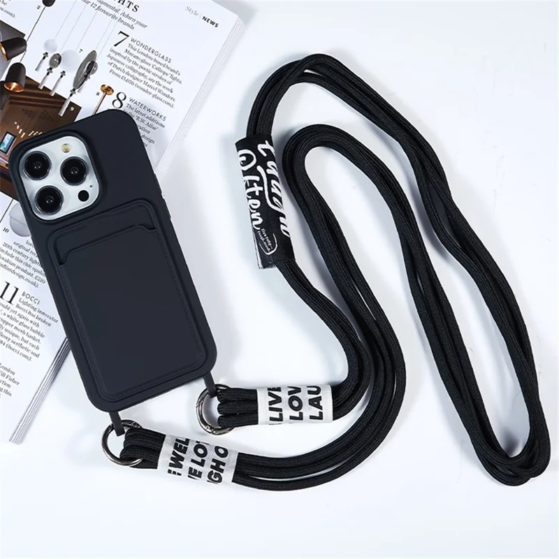 Protective Case for iPhone 14 Pro Max Liquid Silicone Slim Case Card Slot Phone Cover with Strap - Black