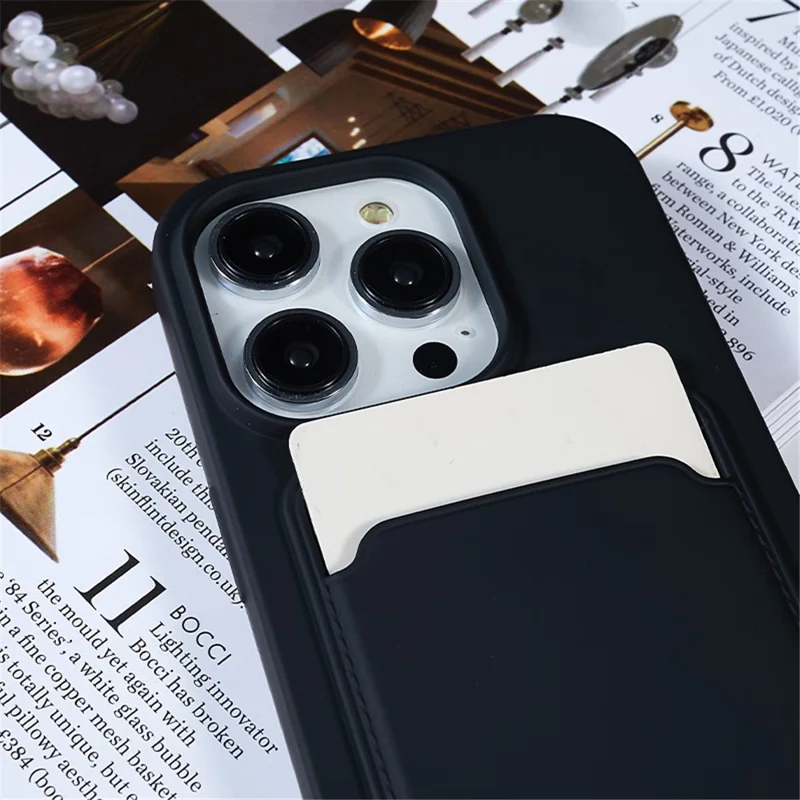 Protective Case for iPhone 14 Pro Max Liquid Silicone Slim Case Card Slot Phone Cover with Strap - Black