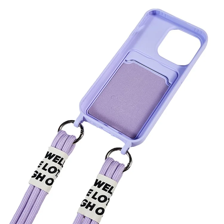 Protective Cover for iPhone 13 Pro 6.1 inch Case Anti-Fall Liquid Silicone Phone Shell with Card Slot, Strap - Purple