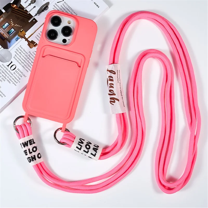 Protective Cover for iPhone 13 Pro 6.1 inch Case Anti-Fall Liquid Silicone Phone Shell with Card Slot, Strap - Rose