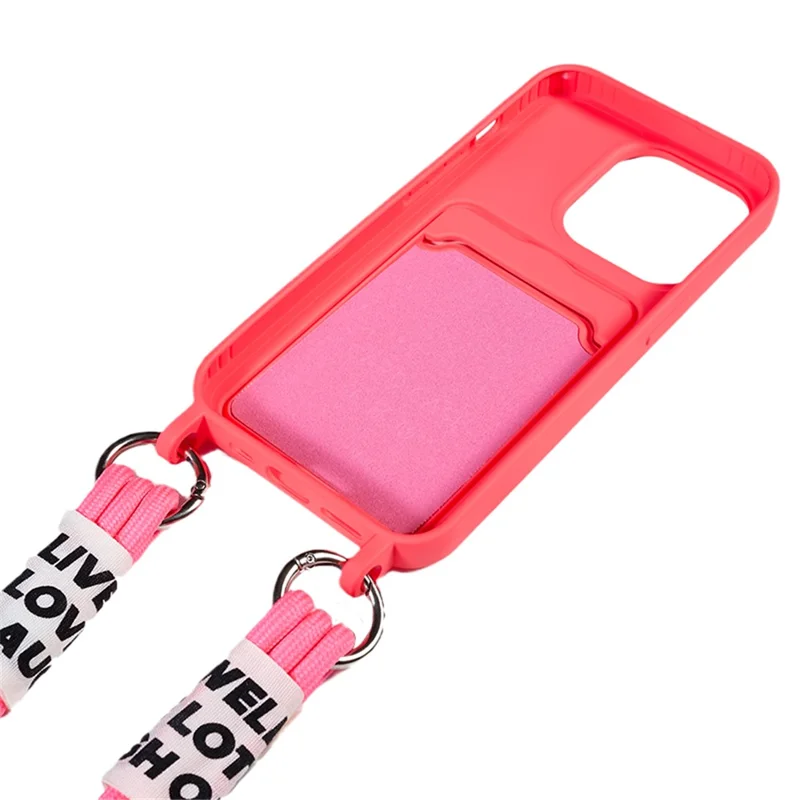 Protective Cover for iPhone 13 Pro 6.1 inch Case Anti-Fall Liquid Silicone Phone Shell with Card Slot, Strap - Rose