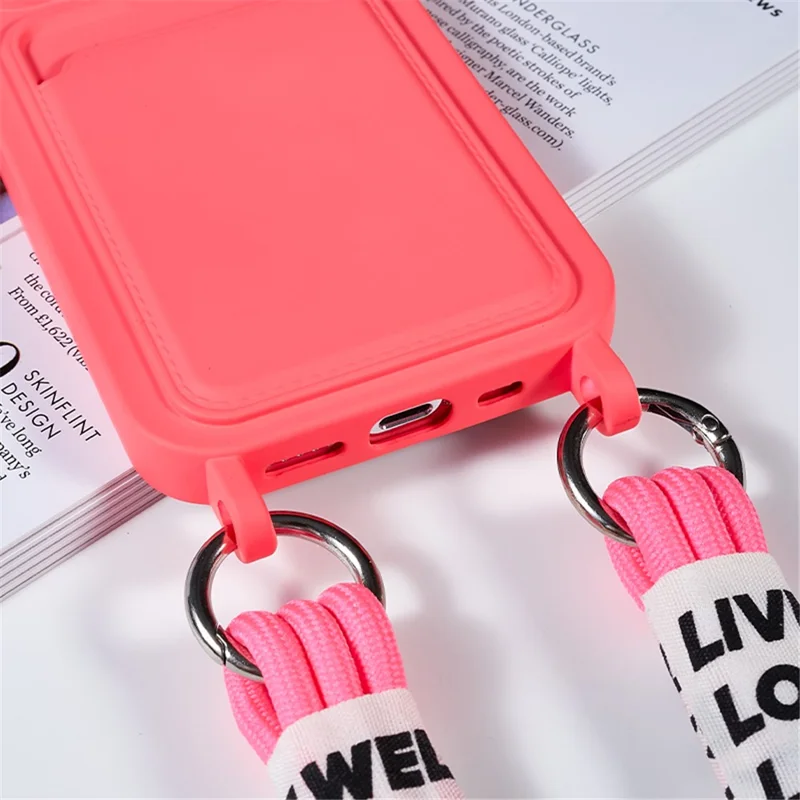 Protective Cover for iPhone 13 Pro 6.1 inch Case Anti-Fall Liquid Silicone Phone Shell with Card Slot, Strap - Rose