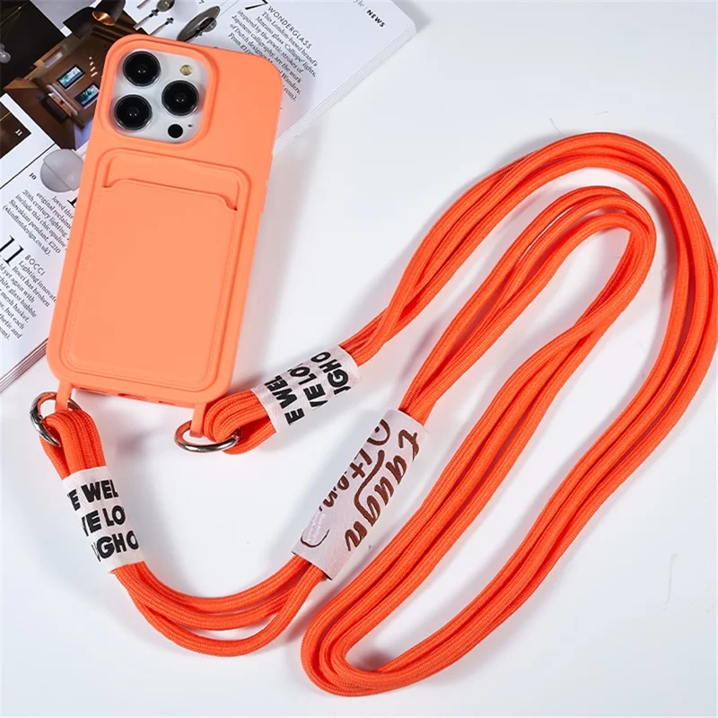 Protective Cover for iPhone 13 Pro 6.1 inch Case Anti-Fall Liquid Silicone Phone Shell with Card Slot, Strap - Orange