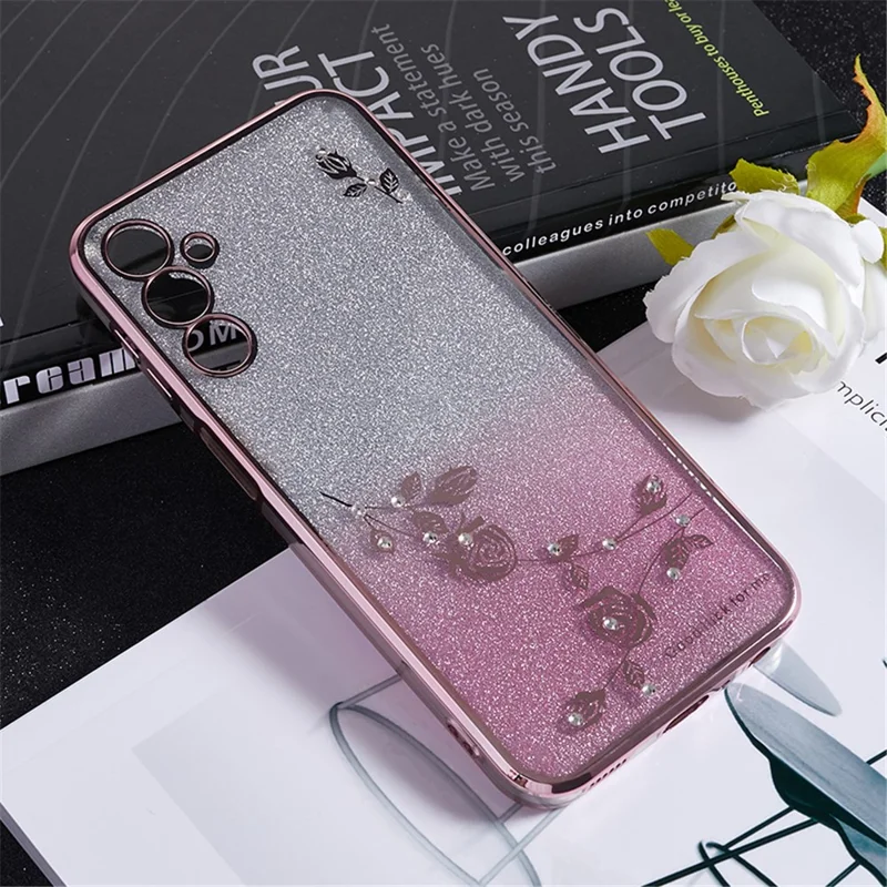 KADEM لجهاز Samsung Galaxy A24 4G (162.1 × 77.6 × 8.3 مم) غطاء هاتف بنمط زهري مع زخارف من حجر الراين وتغطية لامعة بتدرجات من مادة TPU - ذهبي وردي