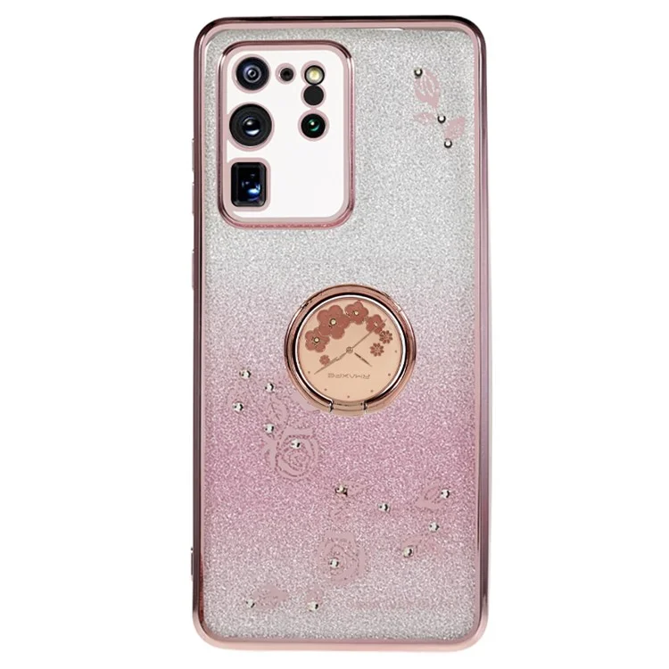 Capa TPU KADEM para Samsung Galaxy S20 Ultra Gradiente Brilho Decoração de Strass Flor Padrão Capa de Telefone - Rose Gold