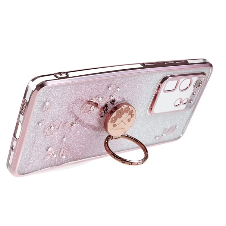 Capa TPU KADEM para Samsung Galaxy S20 Ultra Gradiente Brilho Decoração de Strass Flor Padrão Capa de Telefone - Rose Gold