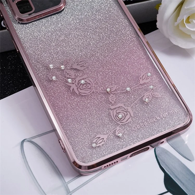 Capa TPU KADEM para Samsung Galaxy S20 Ultra Gradiente Brilho Decoração de Strass Flor Padrão Capa de Telefone - Rose Gold