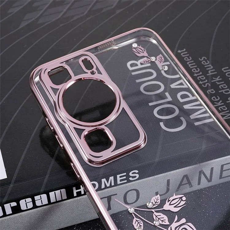 KADEM Elektrolytisch Kickstand TPU-Hülle für Huawei P60, Blumenmuster Rhinestone Handyhülle - Roségold
