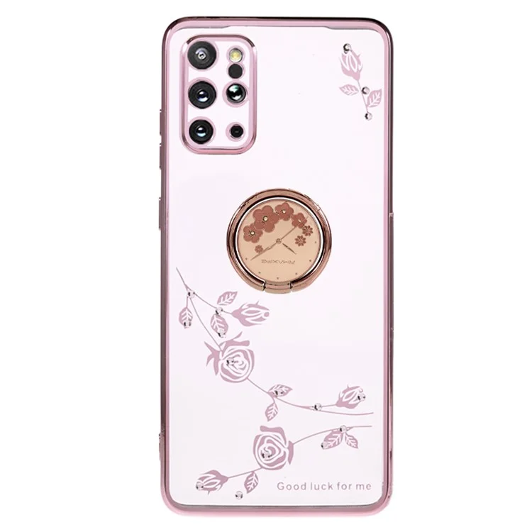 KADEM para Samsung Galaxy S20 Plus 5G / 4G Funda con Patrón de Flores de TPU, Decoración con Rhinestones y Soporte de Anillo Giratorio - Oro Rosa