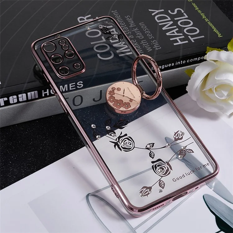 KADEM para Samsung Galaxy S20 Plus 5G / 4G Funda con Patrón de Flores de TPU, Decoración con Rhinestones y Soporte de Anillo Giratorio - Oro Rosa