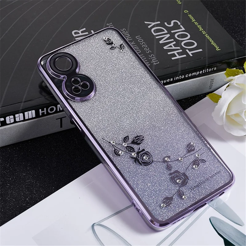 KADEM Handyhülle mit Strass-Blumen-Design für Oppo Reno8 T 4G, weiche TPU-Schutzhülle mit farbverlaufartigem Glitzer – Lila