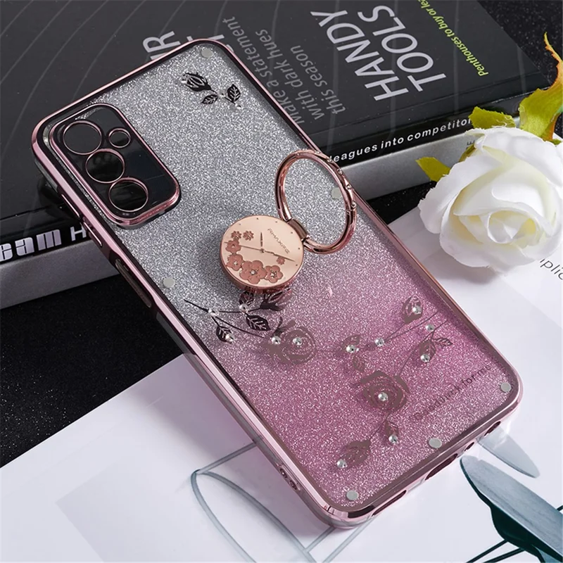 KADEM Para Samsung Galaxy M13 4G / F23 5G / M23 5G Glitter Gradient TPU Capa de Telefone Flor Decoração de Strass com Suporte de Anel - Rose Gold
