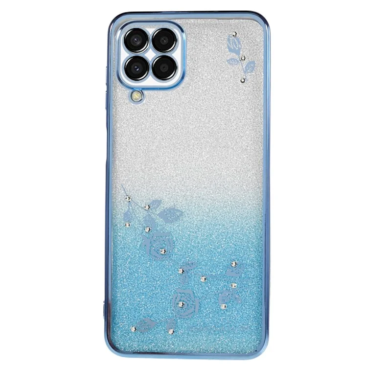 KADEM Para Samsung Galaxy M33 5G (Versión Global) Funda TPU con Brillo Gradiente Patrón de Flores Decoración con Cristales de Bling - Azul