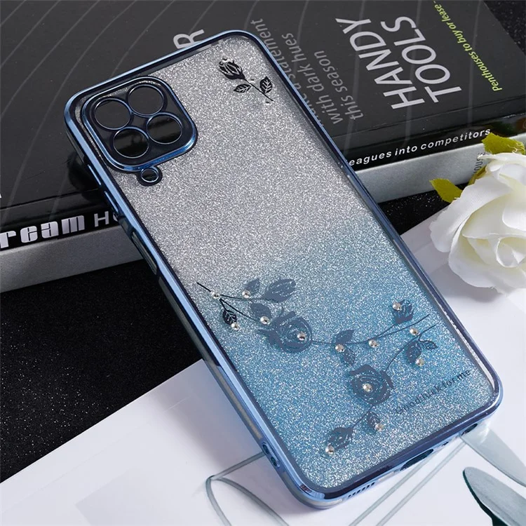 KADEM Para Samsung Galaxy M33 5G (Versión Global) Funda TPU con Brillo Gradiente Patrón de Flores Decoración con Cristales de Bling - Azul