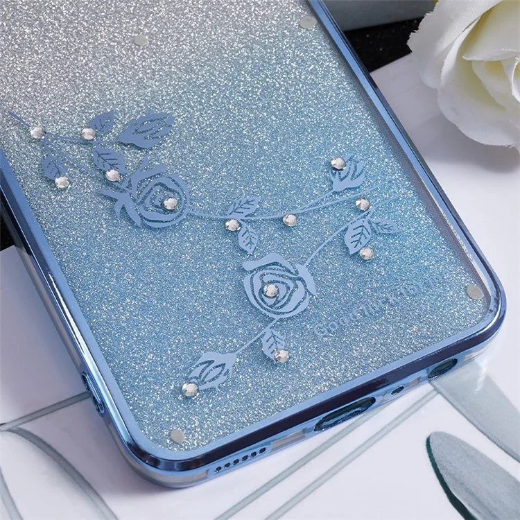 KADEM Para Samsung Galaxy M33 5G (Versión Global) Funda TPU con Brillo Gradiente Patrón de Flores Decoración con Cristales de Bling - Azul