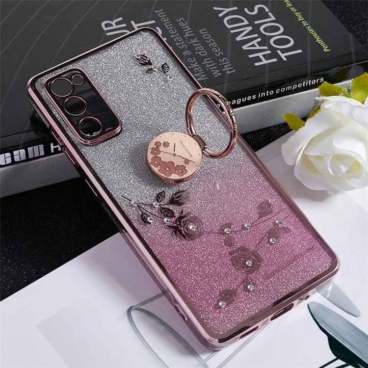 KADEM Per Samsung Galaxy S20 FE / FE 5G / FE 2022 / S20 Lite Custodia per telefono con supporto in rhinestone Fiore a motivo Glitter sfumato TPU - Rose Gold