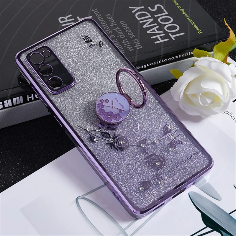 KADEM For Samsung Galaxy S20 FE / FE 5G / FE 2022 / S20 Lite Rhinestone Kickstand Phone Case Flower Pattern Gradient Glitter TPU Cover - Purple