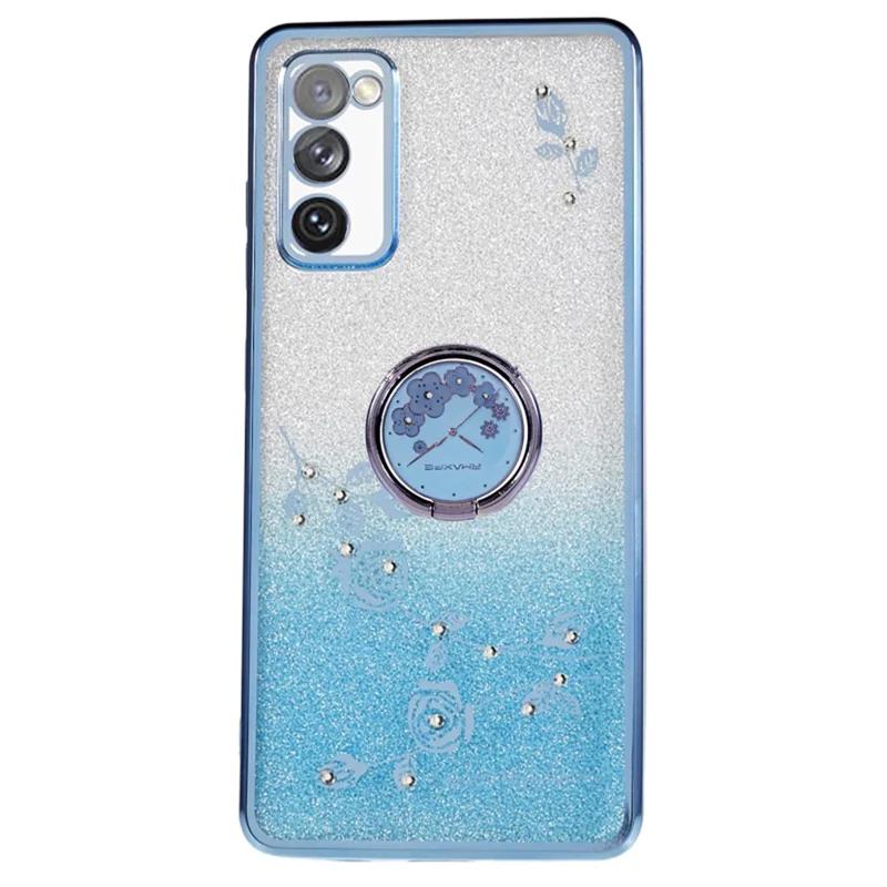 KADEM For Samsung Galaxy S20 FE / FE 5G / FE 2022 / S20 Lite Rhinestone Kickstand Phone Case Flower Pattern Gradient Glitter TPU Cover - Blue