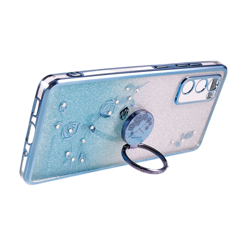 KADEM For Samsung Galaxy S20 FE / FE 5G / FE 2022 / S20 Lite Rhinestone Kickstand Phone Case Flower Pattern Gradient Glitter TPU Cover - Blue