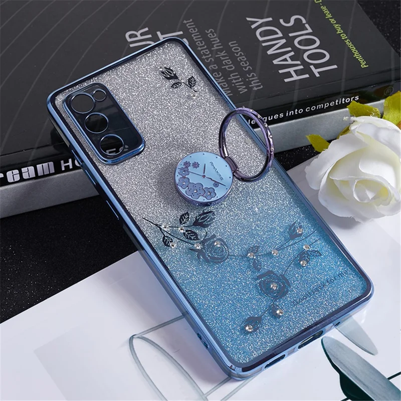 KADEM For Samsung Galaxy S20 FE / FE 5G / FE 2022 / S20 Lite Rhinestone Kickstand Phone Case Flower Pattern Gradient Glitter TPU Cover - Blue