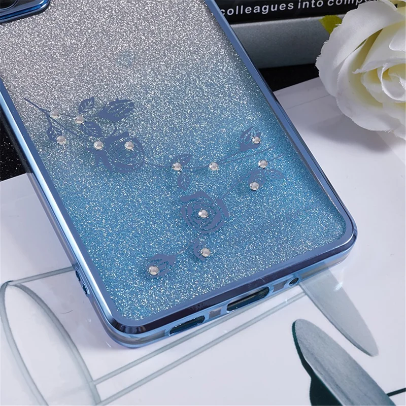 KADEM For Samsung Galaxy S20 FE / FE 5G / FE 2022 / S20 Lite Rhinestone Kickstand Phone Case Flower Pattern Gradient Glitter TPU Cover - Blue