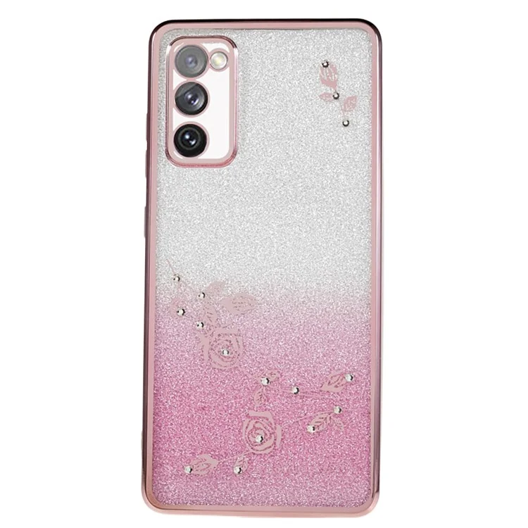 KADEM Per Samsung Galaxy S20 FE / FE 5G / FE 2022 / S20 Lite Custodia TPU glitterata e gioiellata con motivo floreale - Rose Gold