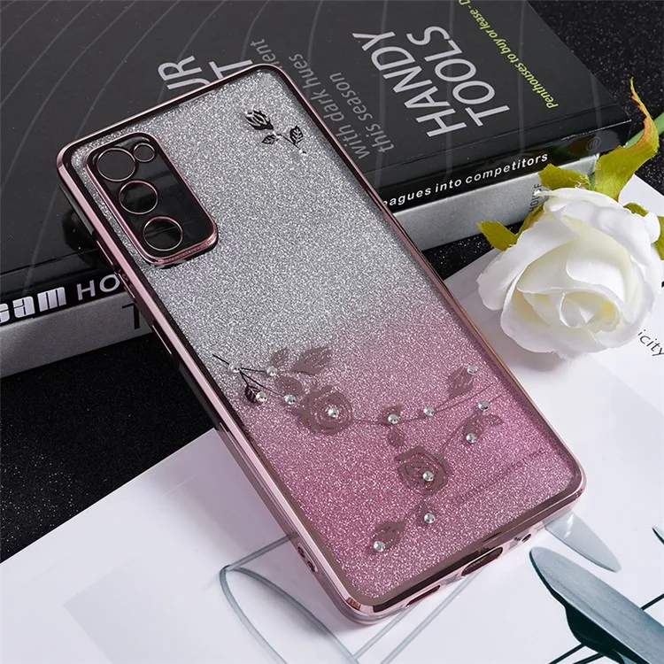 KADEM Per Samsung Galaxy S20 FE / FE 5G / FE 2022 / S20 Lite Custodia TPU glitterata e gioiellata con motivo floreale - Rose Gold