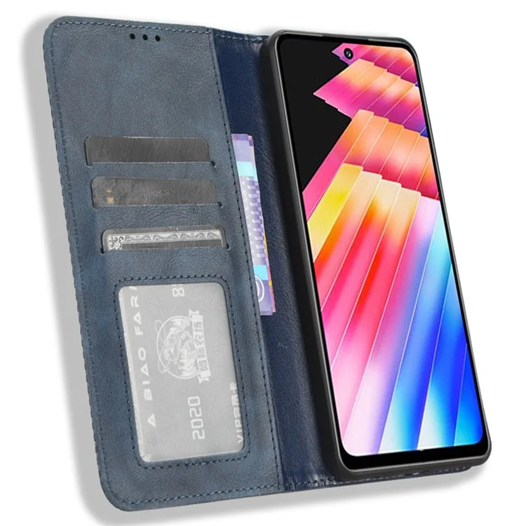 Per Infinix Hot 30 X6831 Custodia a Libro in Pelle PU Texture Retrò Stand Portafoglio Magnetica Cover per Cellulare - Blu