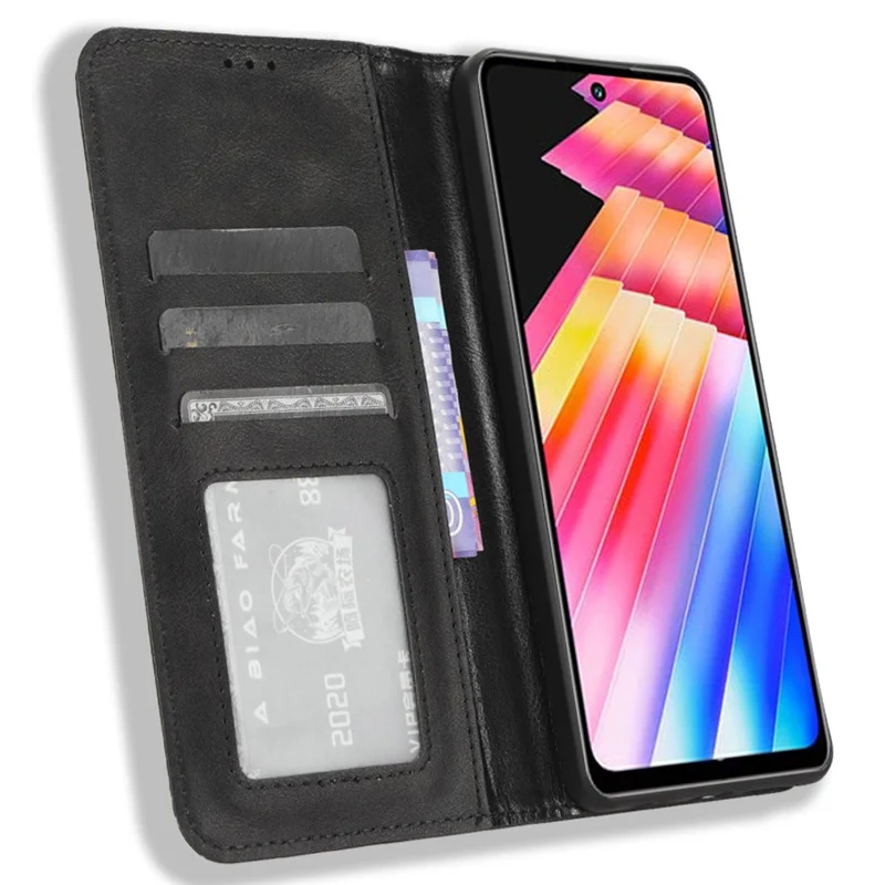 Для Infinix Hot 30 Play Retro PU Leather Phone Case Folio Stand Wallet Protective Shell - Black