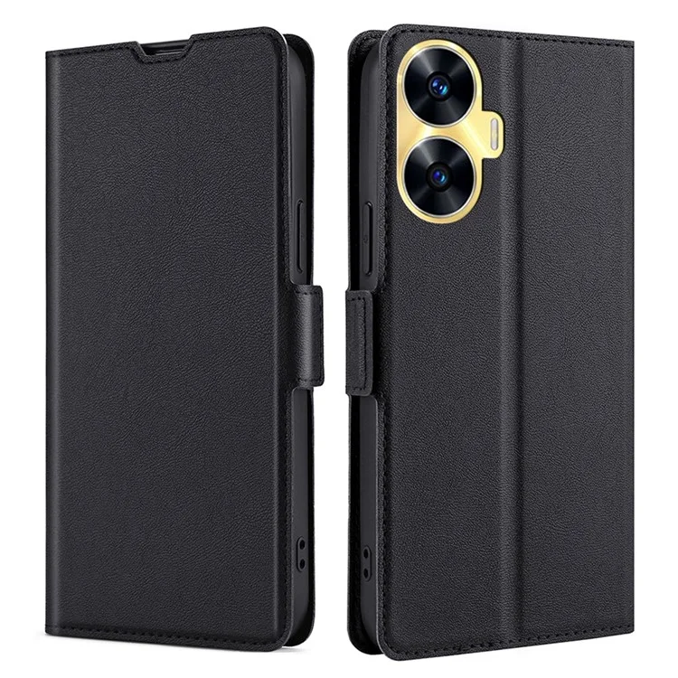 Shockproof Phone Case for Realme C55 PU Leather Anti-Drop Flip Stand Cover with Card Slot - Black