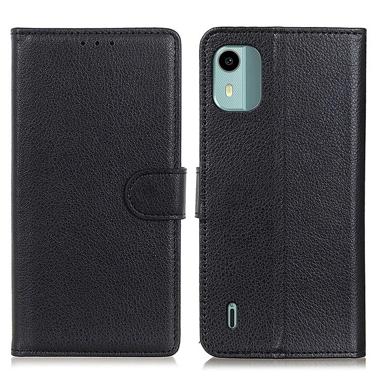 For Nokia C12 4G / C12 Plus / C12 Pro Litchi Texture Leather Wallet Mobile Case Flip Stand Drop-proof Phone Cover - Black