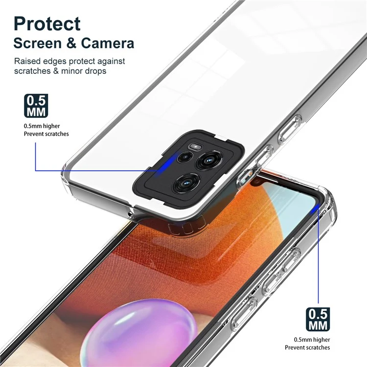 For Motorola Moto G72 5G 3-in-1 Shockproof Phone Case TPU Backplate + PC Frame + PC Camera Ring Clear Cover - Black