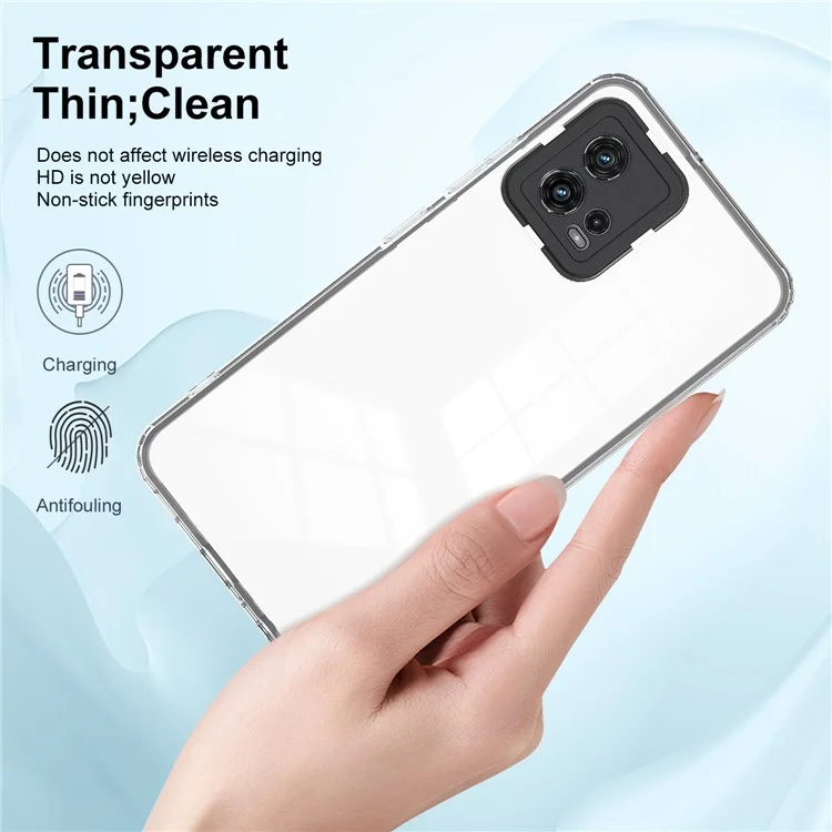 For Motorola Moto G72 5G 3-in-1 Shockproof Phone Case TPU Backplate + PC Frame + PC Camera Ring Clear Cover - Black