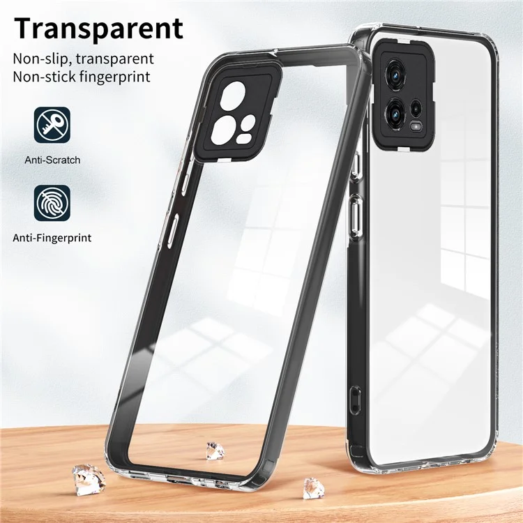 For Motorola Moto G72 5G 3-in-1 Shockproof Phone Case TPU Backplate + PC Frame + PC Camera Ring Clear Cover - Black
