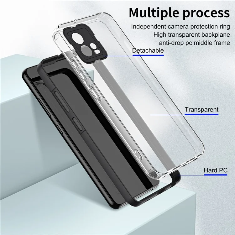 For Motorola Moto G72 5G 3-in-1 Shockproof Phone Case TPU Backplate + PC Frame + PC Camera Ring Clear Cover - Black