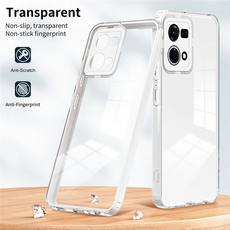 For Oppo Reno7 4G / Reno8 4G / F21 Pro 4G TPU Backplate + PC Frame + PC Camera Ring Hybrid Case 3-in-1 Clear Protection Cover - White